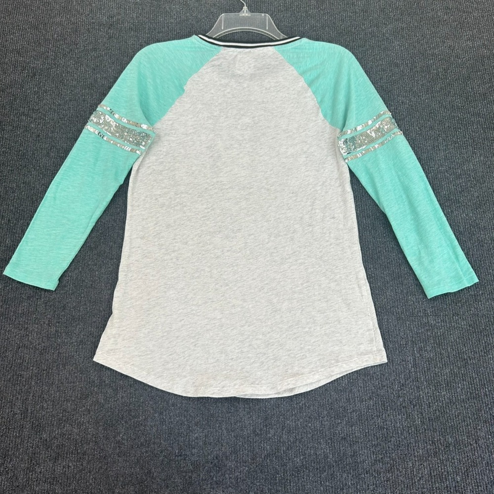 PINK Victoria's Secret Seafoam Bling Logo Women's XS Baseball 3/4 Sleeve Tee Y2K - Picture 8 of 11